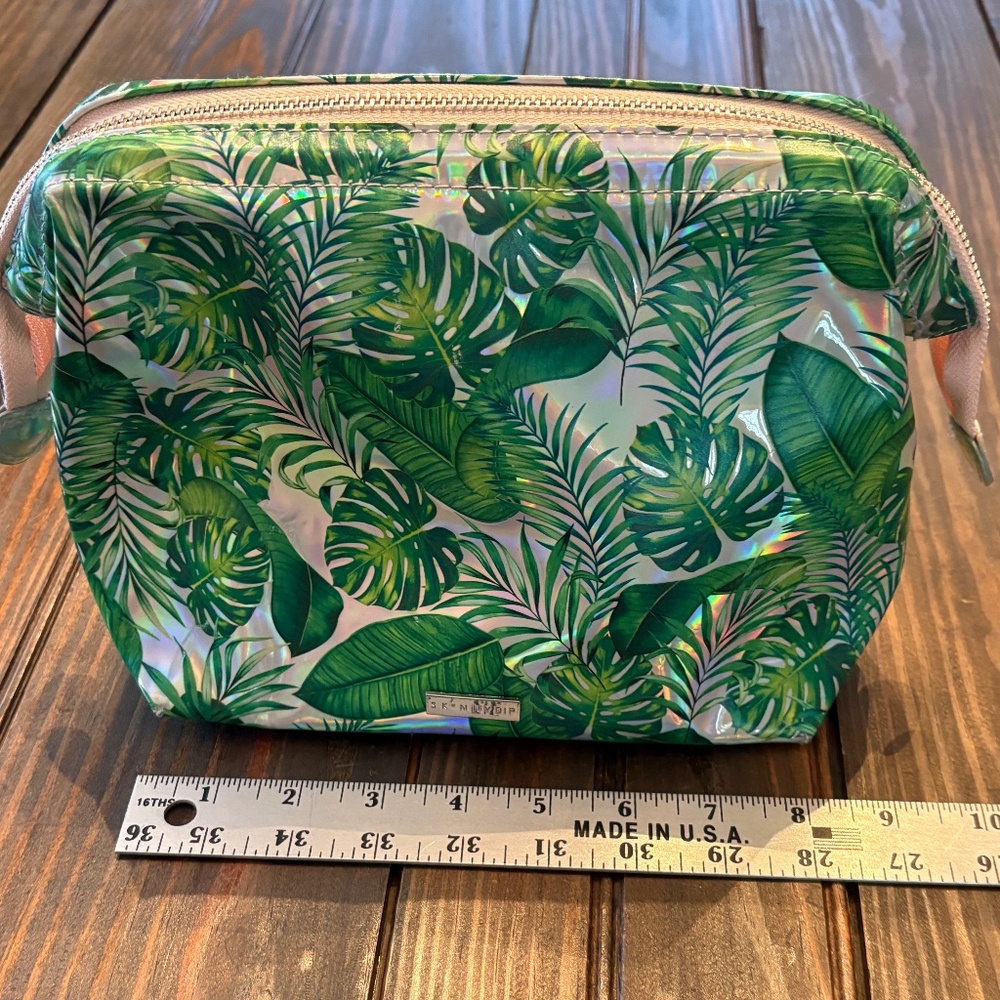 Skinny Dip Makeup Wide Open Cosmetic Bag Case Green Banana Palm Tree Metallic